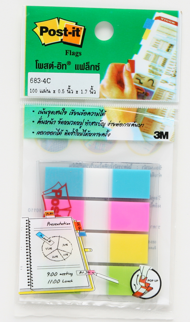 รูปภาพของ โพสต์-อิท® แฟล็กซ์ 683-4C, 0.5 x 1.7" คละฟ้า, ชมพู, เขียว, เหลือง