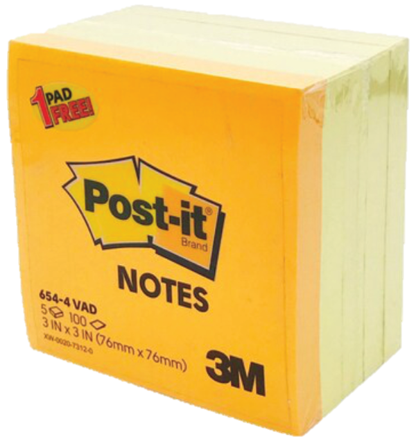 รูปภาพของ โพสต์-อิท® โน้ต 654-4VAD, สีเหลือง 4 เล่ม แถมสีสะท้อนแสง 1 เล่ม, 3x3"