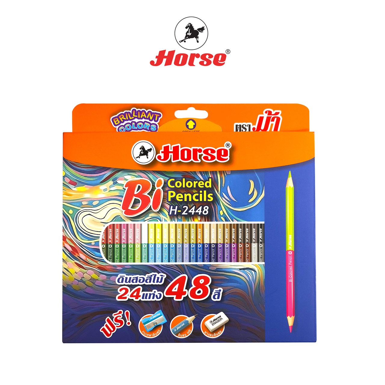 รูปภาพของ ตราม้า ดินสอสีไม้ยาว (2หัว 2สี) 24แท่ง 48สี +กบ+ดินสอ+ยางลบ H-2448